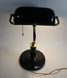 Vintage Curved Black Glass on Brass Black Marble Base and Pillar Bankers Desk Lamp 15" Tall