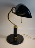 Vintage Curved Black Glass on Brass Black Marble Base and Pillar Bankers Desk Lamp 15" Tall