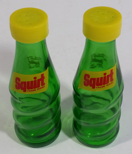 Vintage 1950s Squirt Soda Pop "Never An After Thirst" Green Glass Miniature Soda Pop Bottle Salt and Pepper Shaker Set