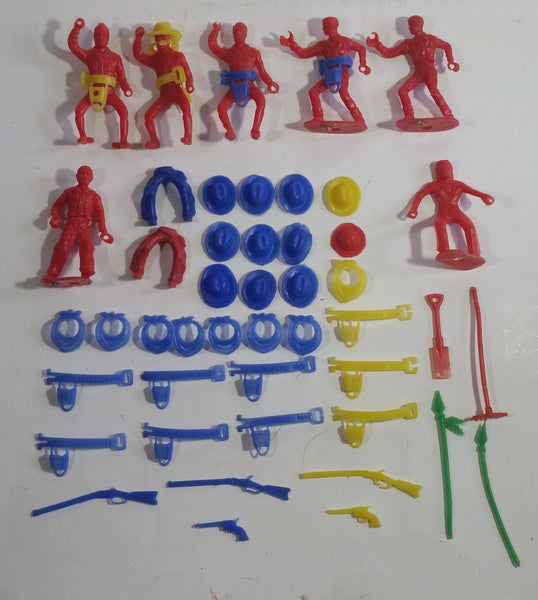 Vintage Cowboys and Indians Red, Green, Blue, Yellow Plastic Toy Figure Lot with Accessories