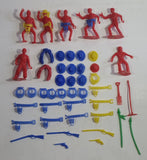 Vintage Cowboys and Indians Red, Green, Blue, Yellow Plastic Toy Figure Lot with Accessories