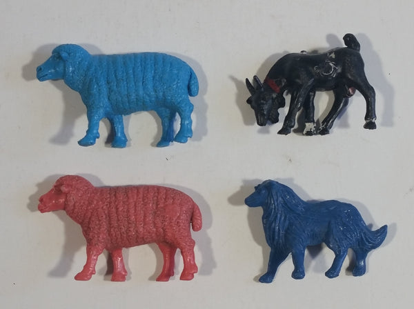 Vintage Blue Sheep, Pink Sheep, Black Goat and Dark Blue Border Collie Dog Hard Plastic Toy Farm Animal Figures