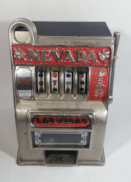 Vintage Nevada Las Vegas "Entertainment Capital of the World" 11" Tall Metal Coin Bank 4 Wheel
