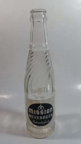 Vintage 1950s Mission Beverages 10 oz Clear Glass Twist Neck Beverage Bottle "Naturally Good In All Flavors"