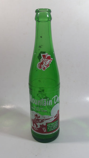 Vintage 1960s Mountain Dew Filled By Herb and Ruby "Hillbilly Style" Green Glass Soda Pop Beverage Bottle "It'll tickle your innards!"