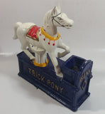 Vintage Trick Pony Horse Blue and White Cast Iron Mechanical Coin Bank