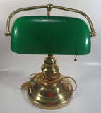 Vintage Style Curved Green Glass on Brass Bankers Desk Lamp 15" Tall