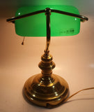 Vintage Style Curved Green Glass on Brass Bankers Desk Lamp 15" Tall
