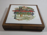 Vintage Train Locomotive England 1837 Wood Framed Ceramic Tile Trivet Railroad Collectible