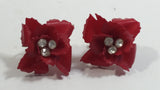 Vintage West Germany Clip On Red Flower Rhinestone Earrings