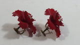 Vintage West Germany Clip On Red Flower Rhinestone Earrings