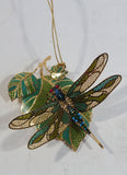 Baldwin 24KT Gold on Brass Green and Blue Dragon Fly on Leaves Christmas Tree Ornament