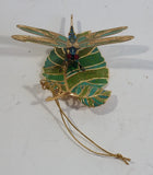 Baldwin 24KT Gold on Brass Green and Blue Dragon Fly on Leaves Christmas Tree Ornament