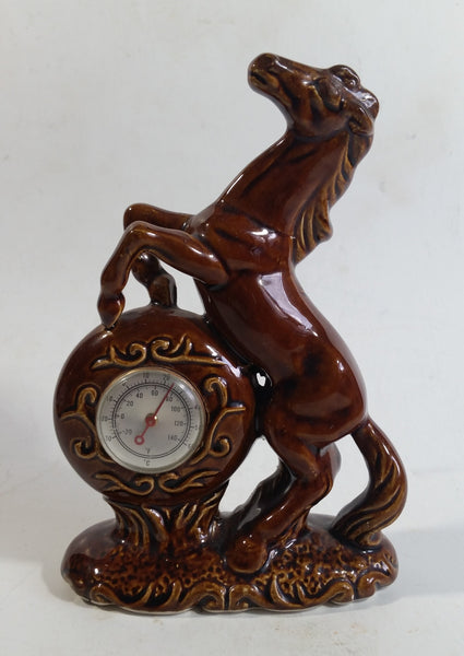 Vintage Rearing Brown Horse 6 1/2" Tall Ceramic Rustic Mid-Century Thermometer Made in Japan