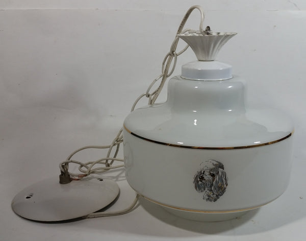 Vintage Artcraft of Montreal White Porcelain Gold Trimmed Dog Themed 8" Tall Swag Lamp Hanging Light Shade Fixture