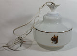 Vintage Artcraft of Montreal White Porcelain Gold Trimmed Dog Themed 8" Tall Swag Lamp Hanging Light Shade Fixture