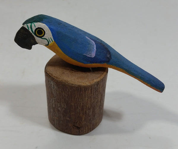 Tiny Miniature Blue White Yellow Parrot Bird Wood Craving 2" Tall
