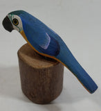 Tiny Miniature Blue White Yellow Parrot Bird Wood Craving 2" Tall