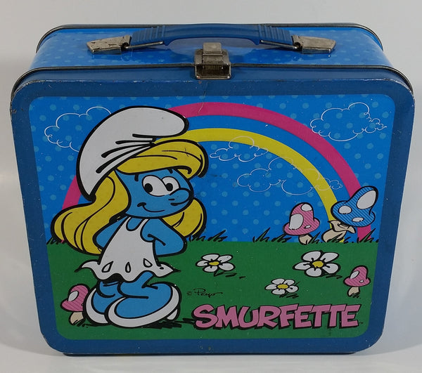 2010 Peyo The Smurfs Smurfette Blue Embossed Tin Metal Lunch Box