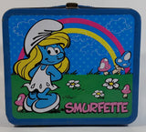 2010 Peyo The Smurfs Smurfette Blue Embossed Tin Metal Lunch Box