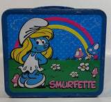2010 Peyo The Smurfs Smurfette Blue Embossed Tin Metal Lunch Box