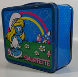 2010 Peyo The Smurfs Smurfette Blue Embossed Tin Metal Lunch Box