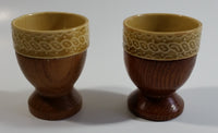 Set of 2 Vintage Tan Glazed Ceramic Pottery Egg Cups with Wooden Base