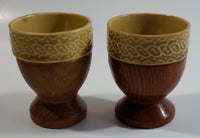 Set of 2 Vintage Tan Glazed Ceramic Pottery Egg Cups with Wooden Base