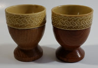 Set of 2 Vintage Tan Glazed Ceramic Pottery Egg Cups with Wooden Base