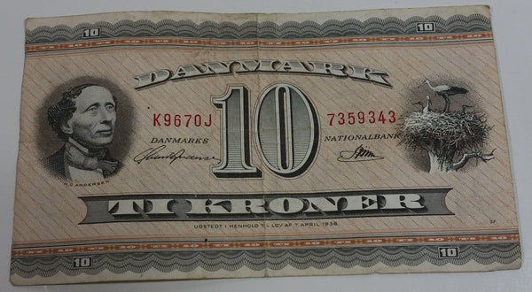 1936 Danmark Denmark 10 Ti Kroner Paper Bill Cash Money Bank Note Currency K9670J 7359343