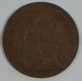 1931 Great Britain King George V One Penny Bronze Coin Currency
