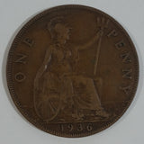 1936 Great Britain King George V One Penny Bronze Coin Currency