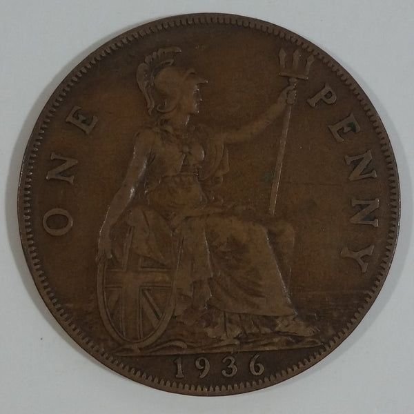 1936 Great Britain King George V One Penny Bronze Coin Currency