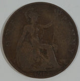 1917 Great Britain King George V One Penny Copper Coin Currency