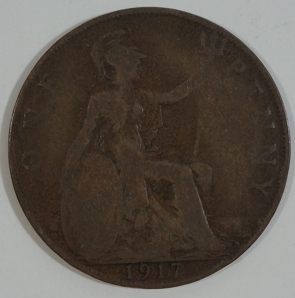 1917 Great Britain King George V One Penny Copper Coin Currency