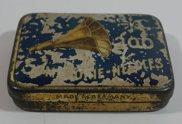 Antique Made in Germany 200 Gramophone Needles Small Hinged Tin Metal Container Empty