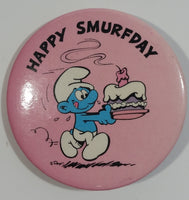 Vintage 1980 Peyo W. Berrie Co. Smurfs "Happy Smurfday" Pink Round Button Pin