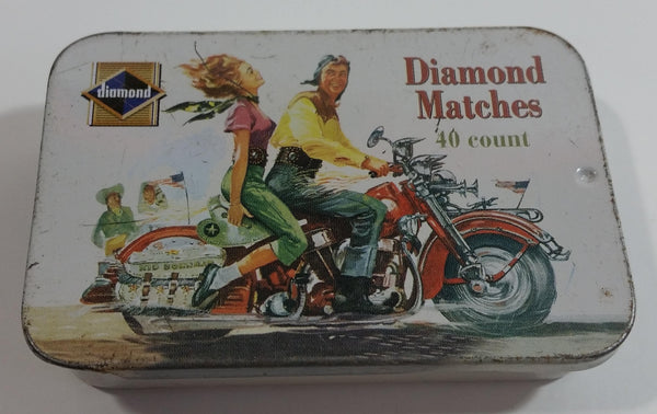 2004 Diamond Matches The Vintage Tin Collection Limited Series I Edition 40 Count Motorcycle with Man and Woman Pocket Size Tin Metal Container with Sliding Lid