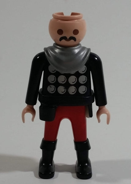 1993 Geobra Playmobil No Hair Knight in Red Bottoms Black Top with Silver Dots and collar  3" Tall Toy Figure Wearing a Holster