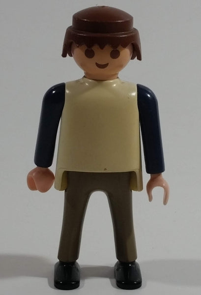 1997 Geobra Playmobil Brown Haired Man Brown Bottoms Cream Top Dark Blue Sleeves 3" Tall Toy Figure