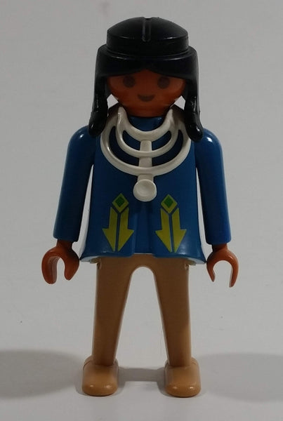 Vintage 1974 Geobra Playmobil Black Haired Native American Indian Man Brown Bottoms Blue Top with White Necklace 3" Tall Toy Figure