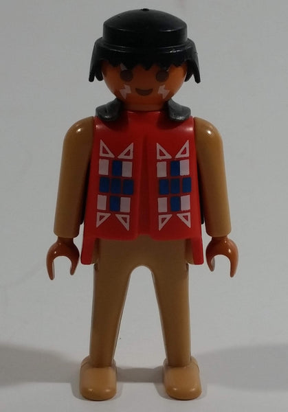 Vintage 1974 Geobra Playmobil Black Haired Native American Indian Man Tan Bottoms Orange Top Tan Sleeves with Armor/Cape Accessory 3" Tall Toy Figure