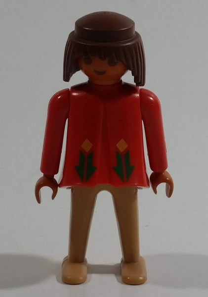 Vintage 1974 Geobra Playmobil Brown Haired Native American Indian Girl Tan Bottoms Orange Top 3" Tall Toy Figure