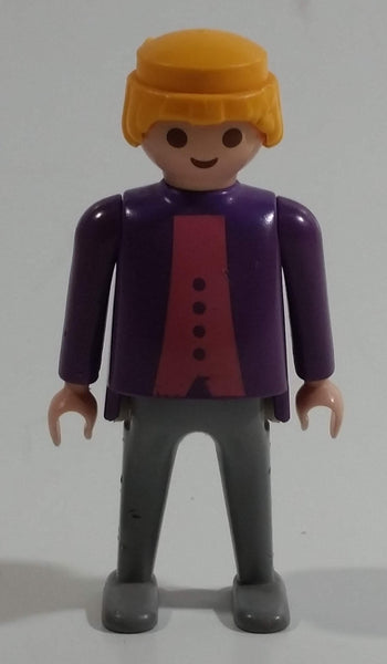 Vintage 1986 Geobra Playmobil Blonde Haired Girl Woman Grey Bottoms Purple and Pink Top 3" Tall Toy Figure