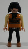 1994 Geobra Playmobil Black Haired Pirate Man Black Bottoms Tan Orange Top White Sleeves Stubble and Eye patch 3" Tall Toy Figure