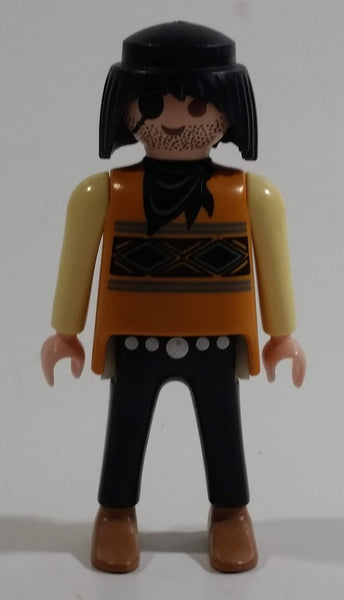 1994 Geobra Playmobil Black Haired Pirate Man Black Bottoms Tan Orange Top White Sleeves Stubble and Eye patch 3" Tall Toy Figure