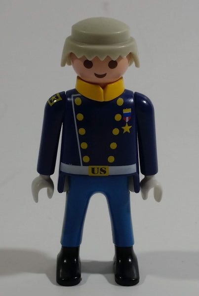 1997 Geobra Playmobil Grey Haired US Military Servicemen Man Blue Bottoms Dark Blue Top 3" Tall Toy Figure