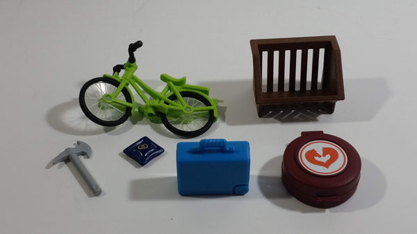 Geobra Playmobil Green Bicycle, Brown Hay Trough, Blue Cushion, Blue Suitcase, Grey Axe, Brown Horse First Aid Box Lot of 6 Accessories
