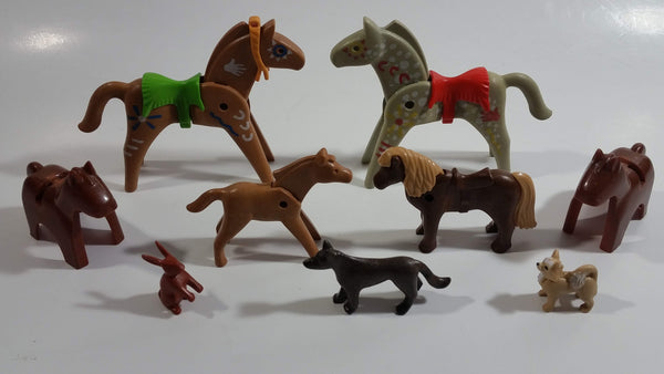 Vintage 1974 and 1986 Geobra Playmobil Horses, Chihuahua German Shepard Dogs and Rabbits Lot of 9 Toy Figure Accessories including 2 Non Playmobil Brown Horses