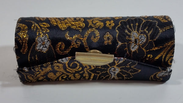 Fabric Covered Golden Flower Embroidered Black Lipstick Holder Case with Little Mirror